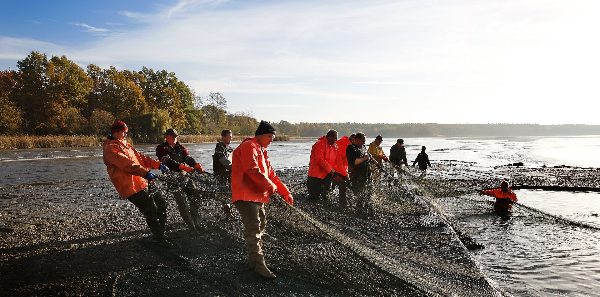 Eine Gruppe von Männern zieht ein großes Fischernetz aus dem Wasser.